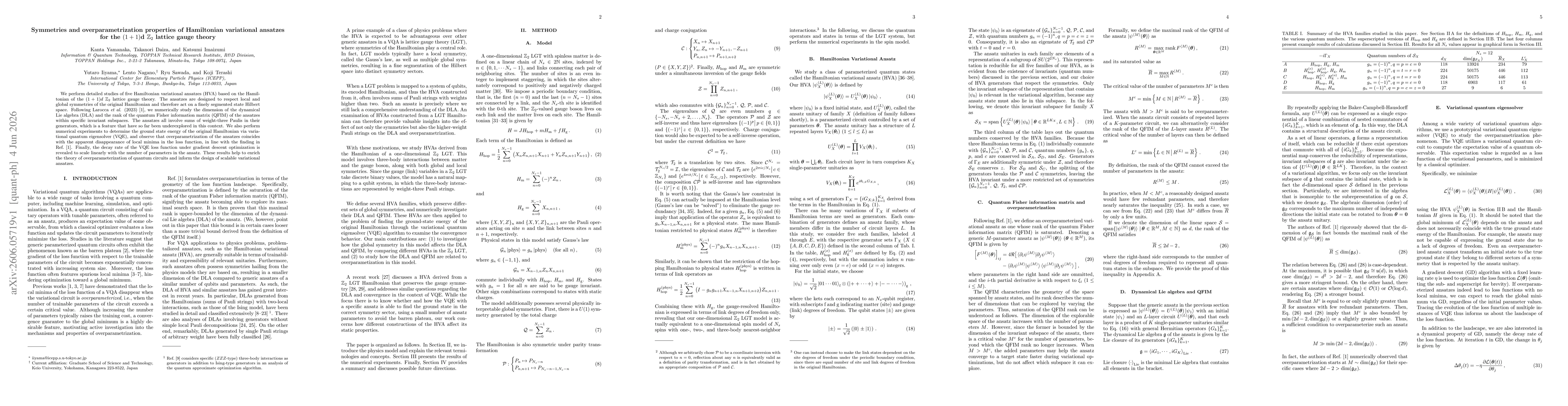 Thumbnail for Symmetries and overparametrization properties of Hamiltonian variational ansatzes for the $(1+1)$d $\mathbb{Z}_2$ lattice gauge theory