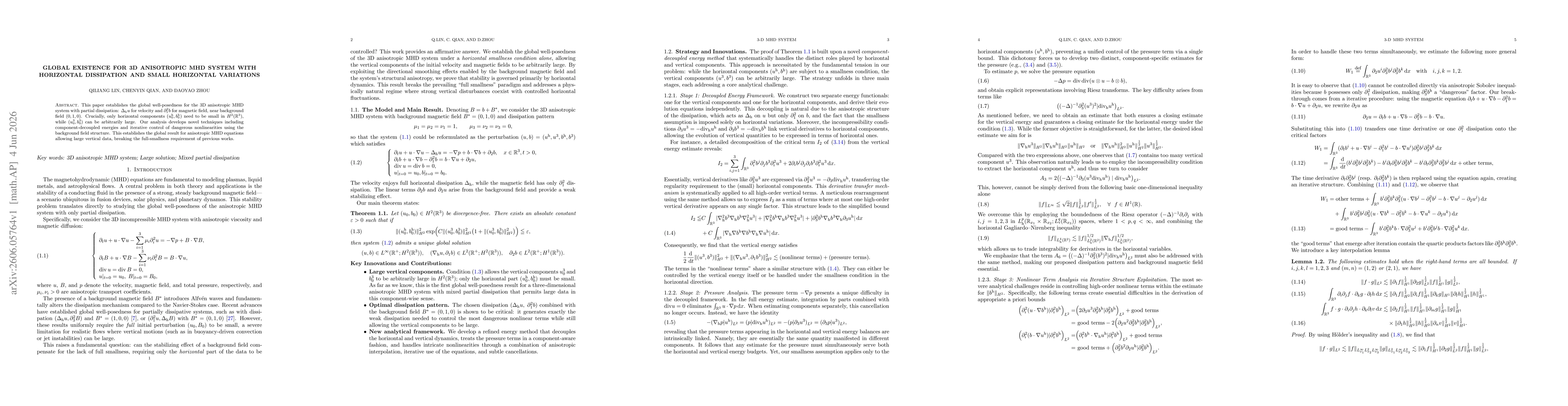 Thumbnail for Global Existence for 3D Anisotropic MHD system with Horizontal Dissipation and Small Horizontal Variations
