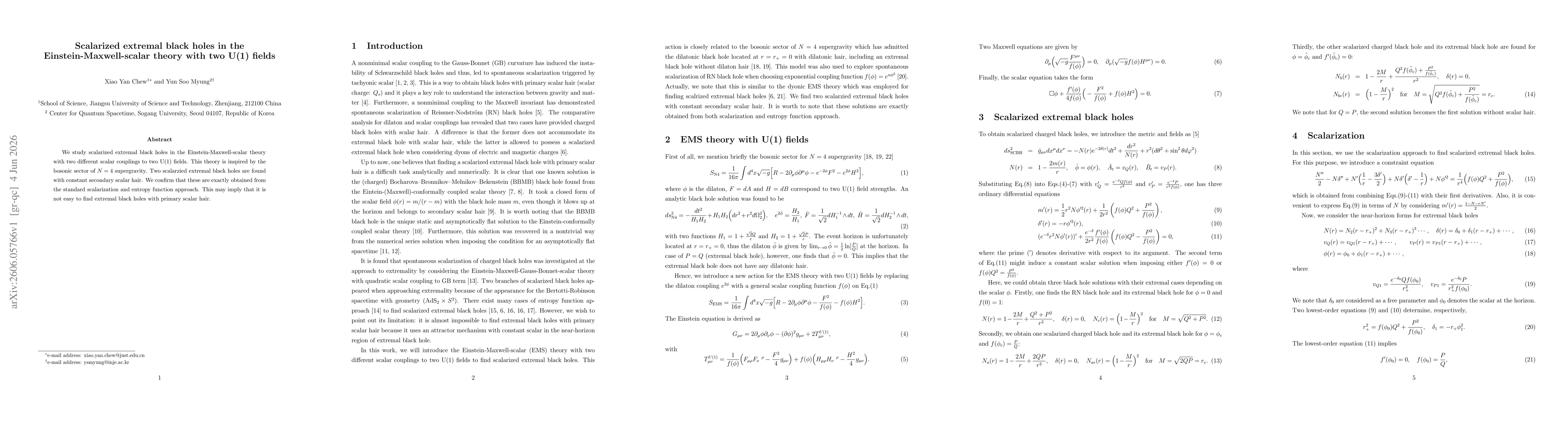 Thumbnail for Scalarized extremal black holes in the Einstein-Maxwell-scalar theory with two U(1) fields