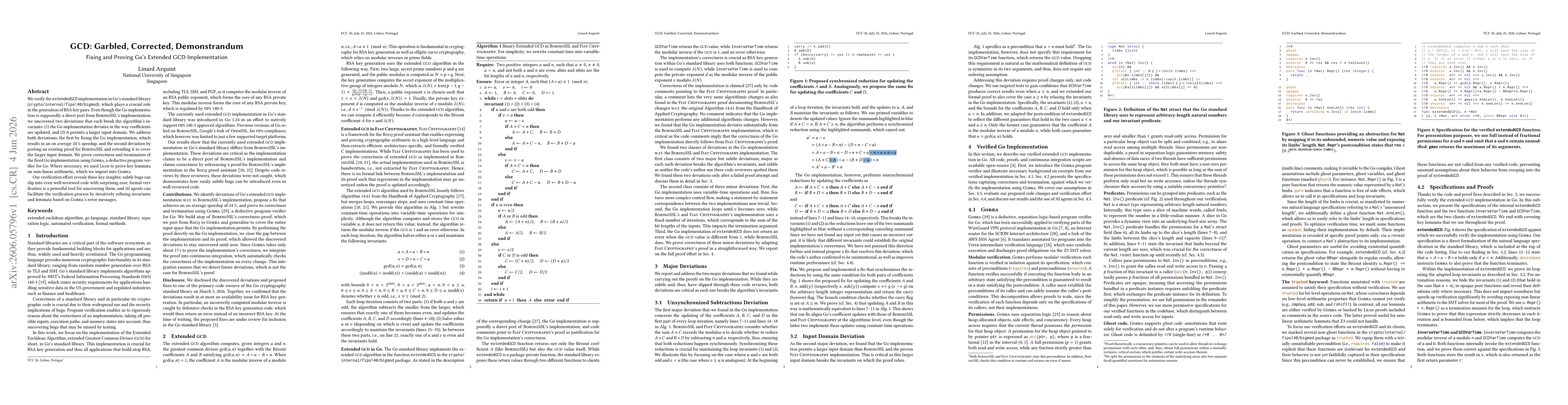 Thumbnail for GCD: Garbled, Corrected, Demonstrandum -- Fixing and Proving Go's Extended GCD Implementation