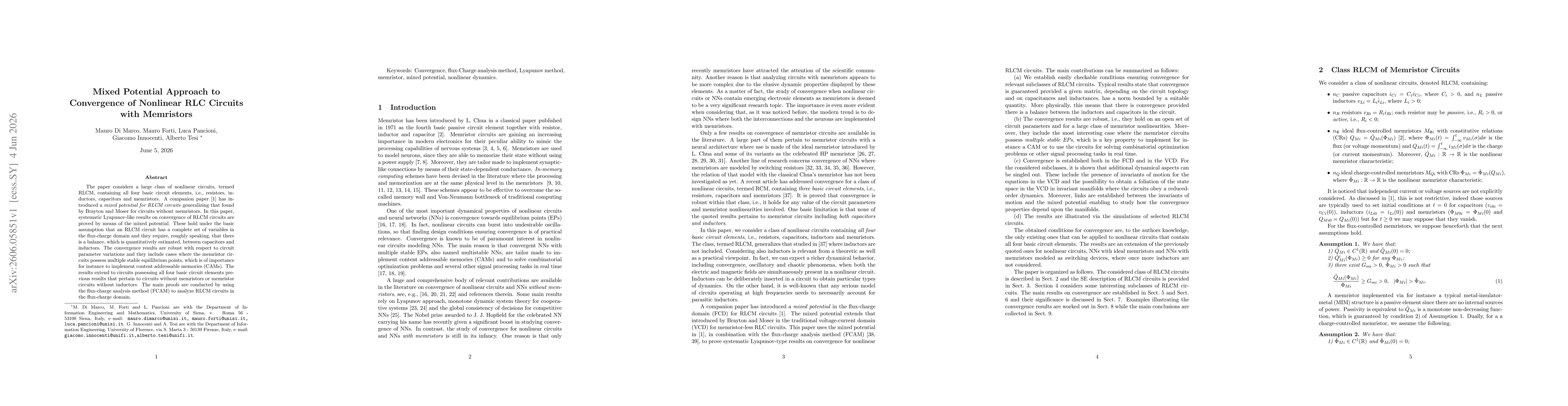 Thumbnail for Mixed Potential Approach to Convergence of Nonlinear RLC Circuits with Memristors