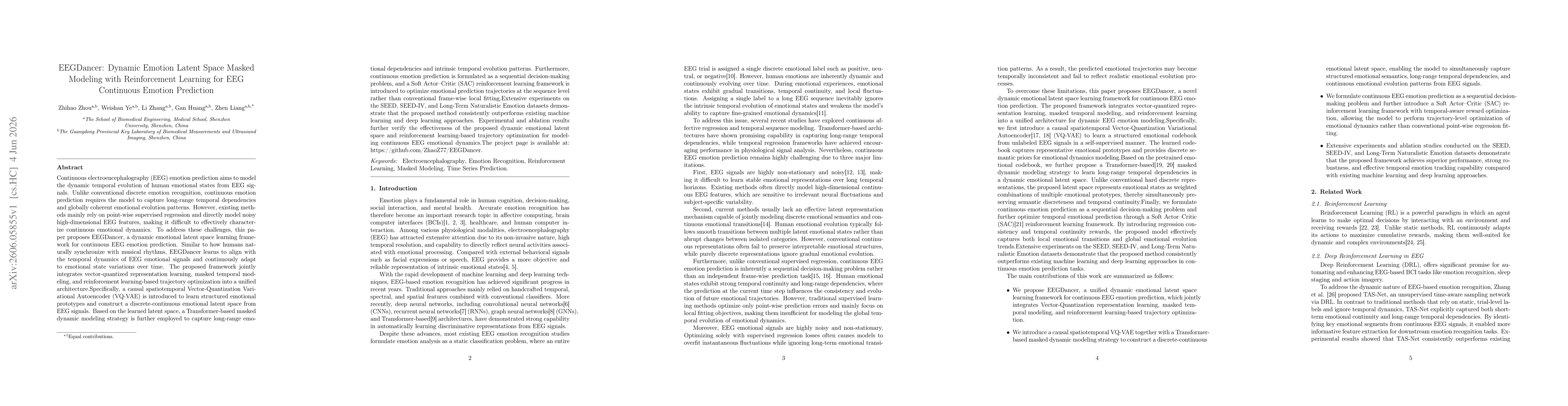 Thumbnail for EEGDancer: Dynamic Emotion Latent Space Masked Modeling with Reinforcement Learning for EEG Continuous Emotion Prediction