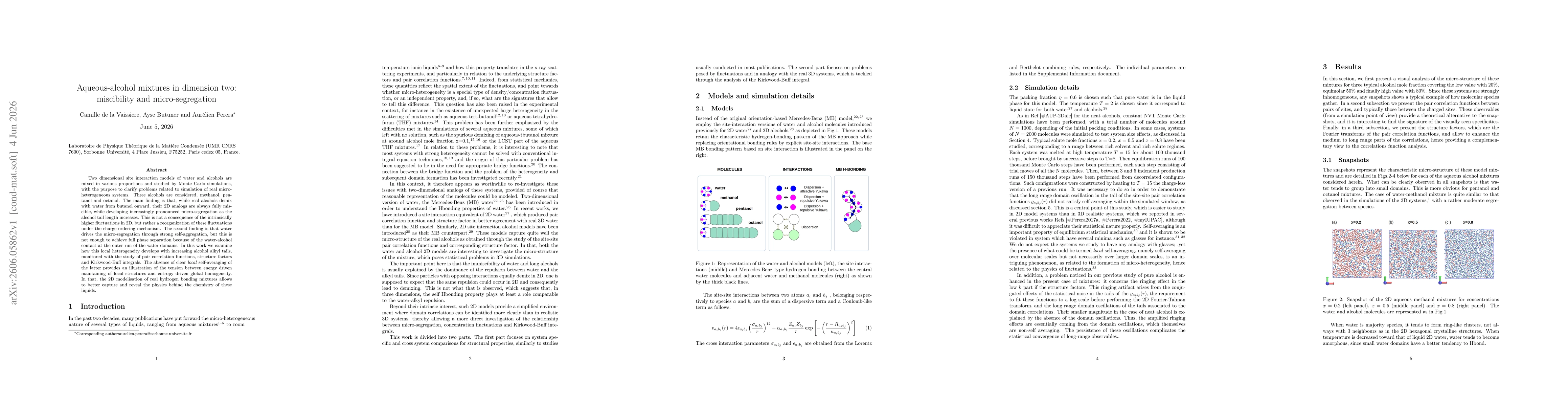Thumbnail for Aqueous-alcohol mixtures in dimension two: miscibility and micro-segregation