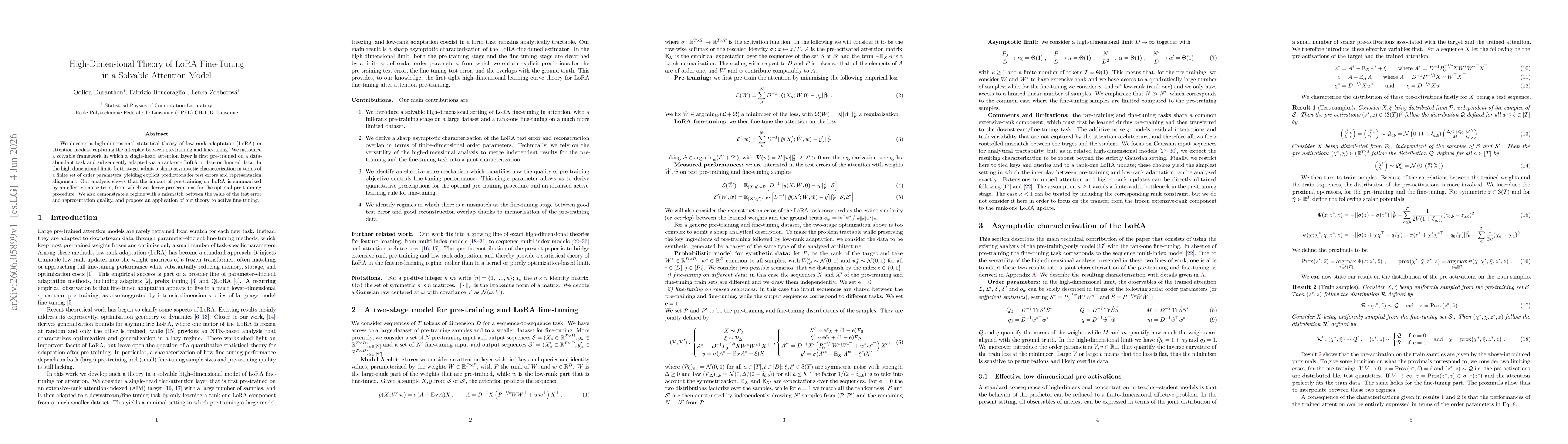 Thumbnail for High-Dimensional Theory of LoRA Fine-Tuning in a Solvable Attention Model