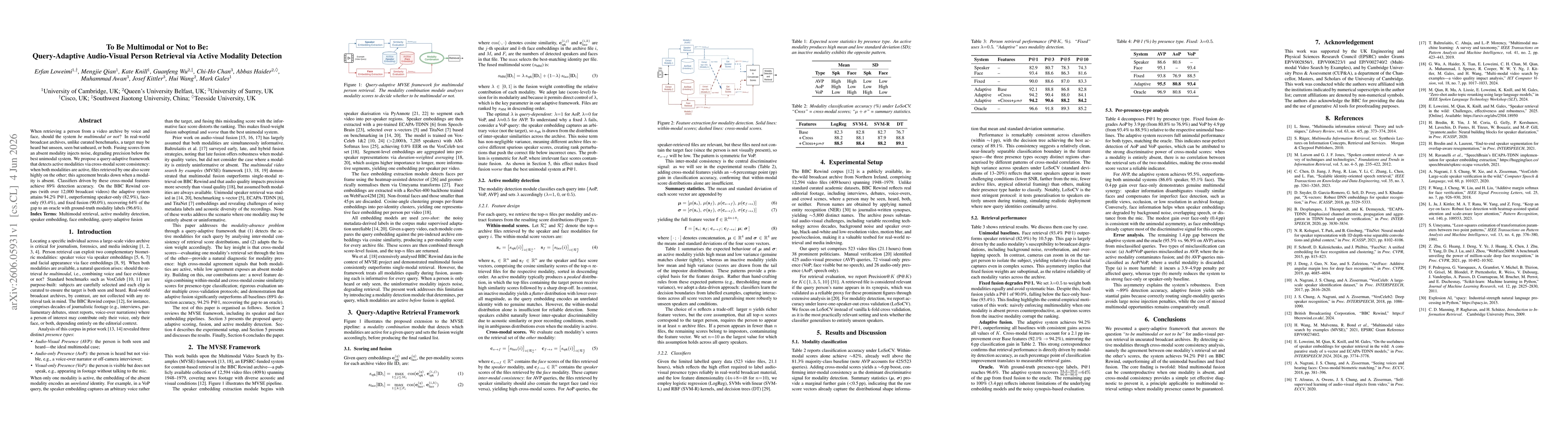 Thumbnail for To Be Multimodal or Not to Be: Query-Adaptive Audio-Visual Person Retrieval via Active Modality Detection