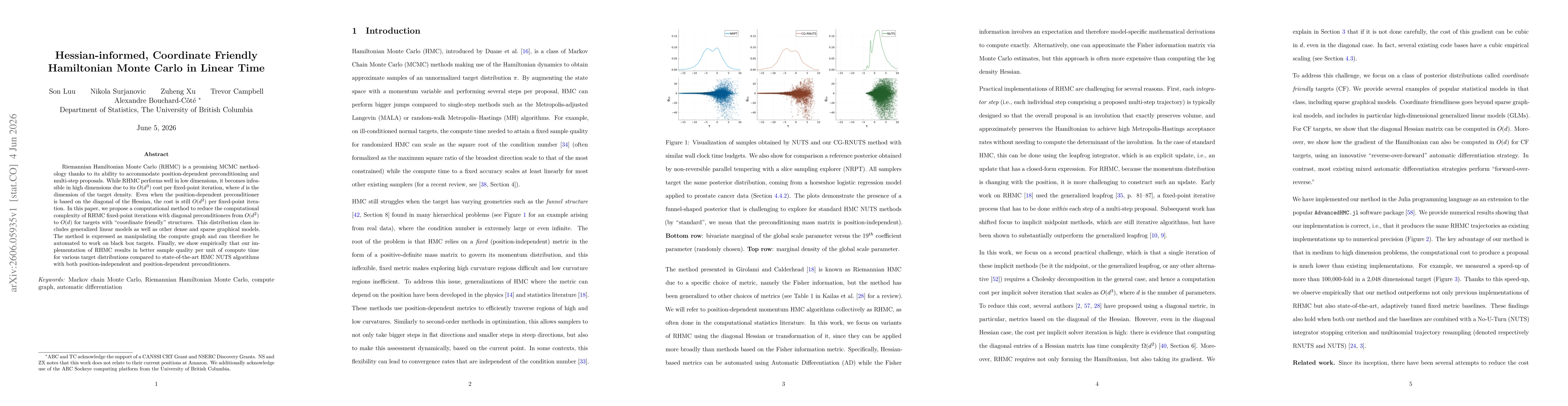 Thumbnail for Hessian-informed, Coordinate Friendly Hamiltonian Monte Carlo in Linear Time