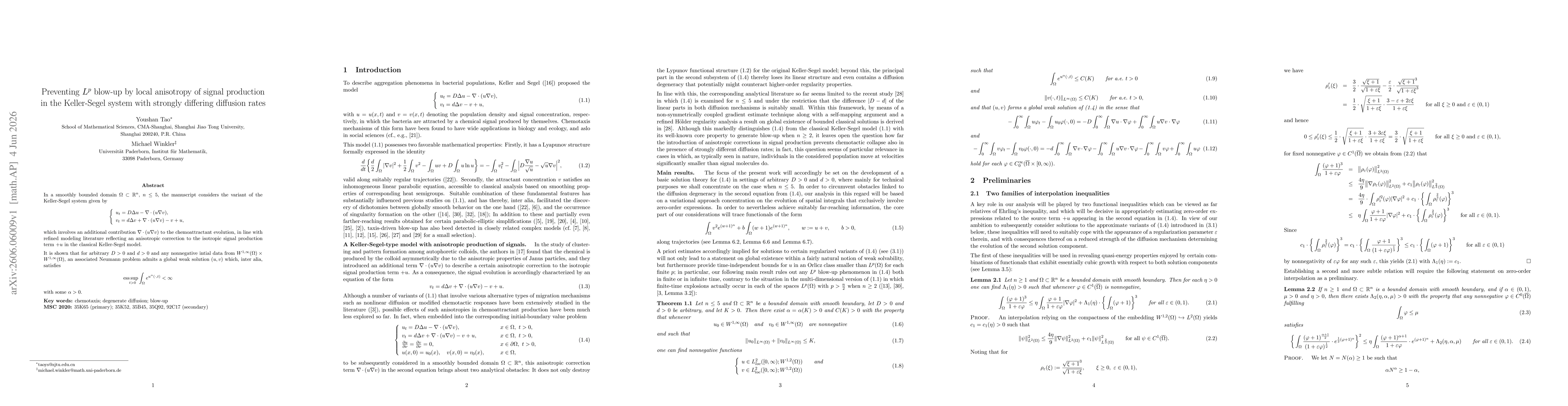 Thumbnail for Preventing $L^p$ blow-up by local anisotropy of signal production in the Keller-Segel system with strongly differing diffusion rates