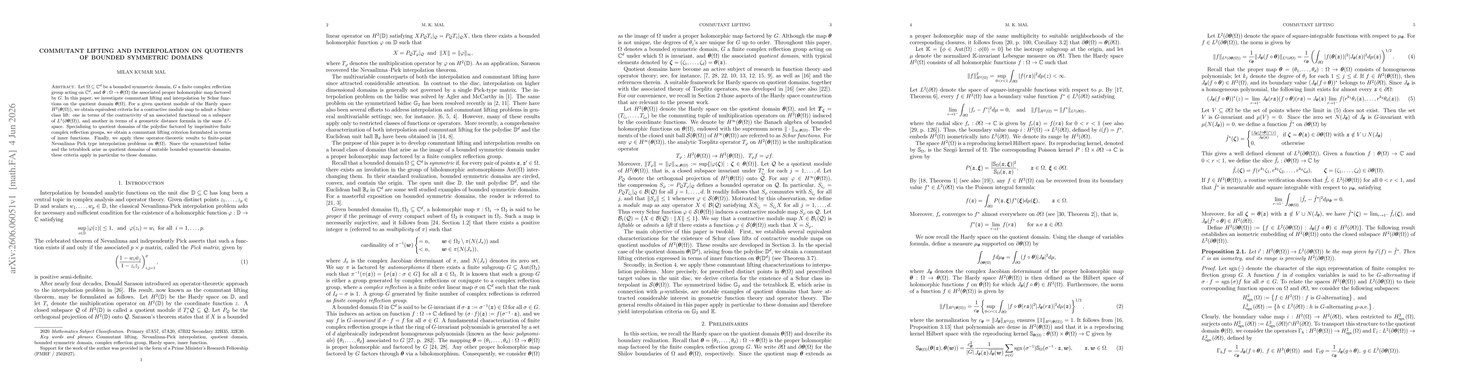 Thumbnail for Commutant lifting and interpolation on quotients of bounded symmetric domains