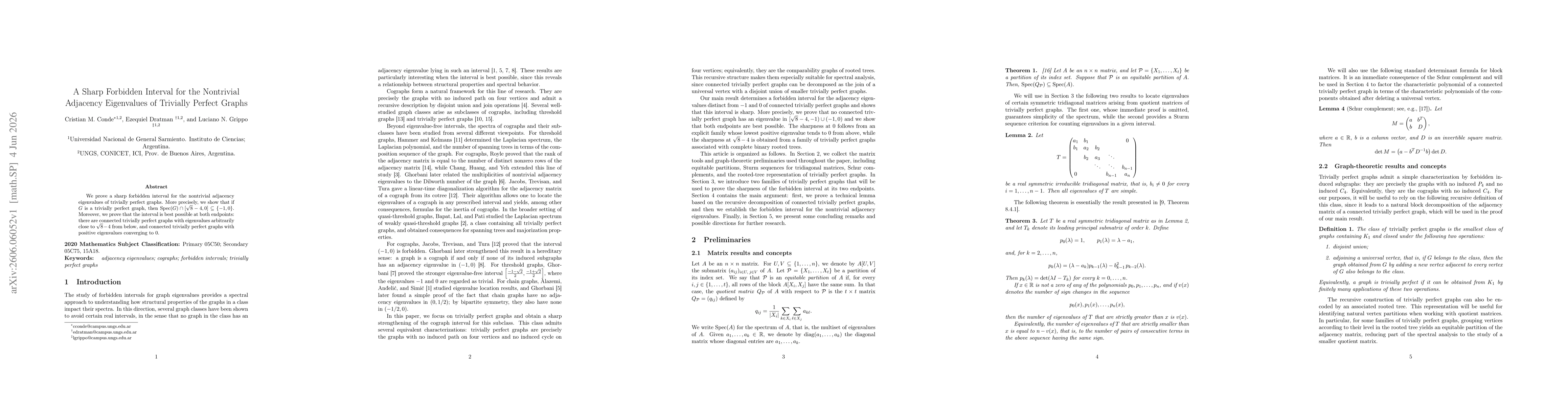 Thumbnail for A Sharp Forbidden Interval for the Nontrivial Adjacency Eigenvalues of Trivially Perfect Graphs