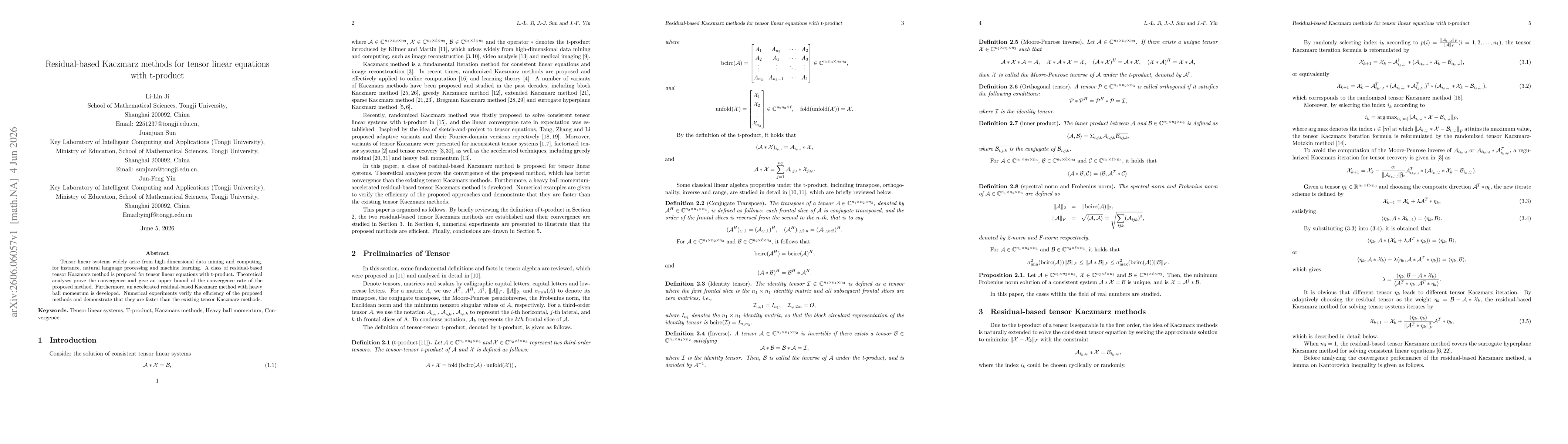 Thumbnail for Residual-based Kaczmarz methods for tensor linear equations with t-product