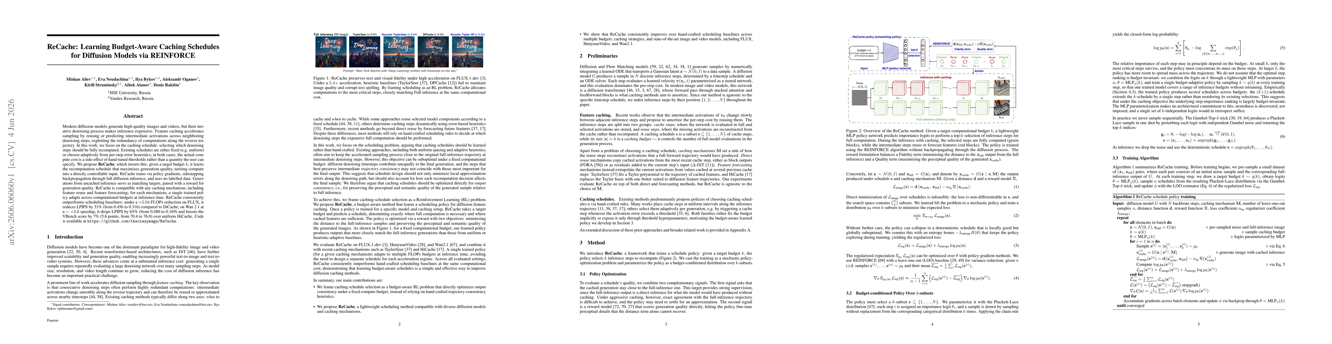 Thumbnail for ReCache: Learning Budget-Aware Caching Schedules for Diffusion Models via REINFORCE