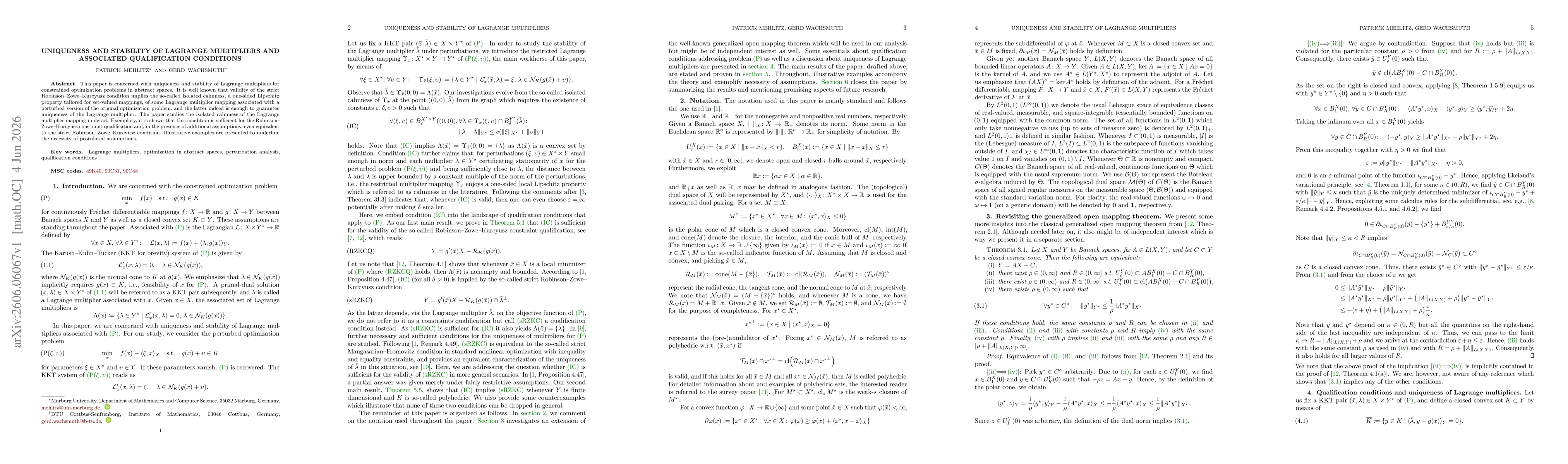 Thumbnail for Uniqueness and stability of Lagrange multipliers and associated qualification conditions