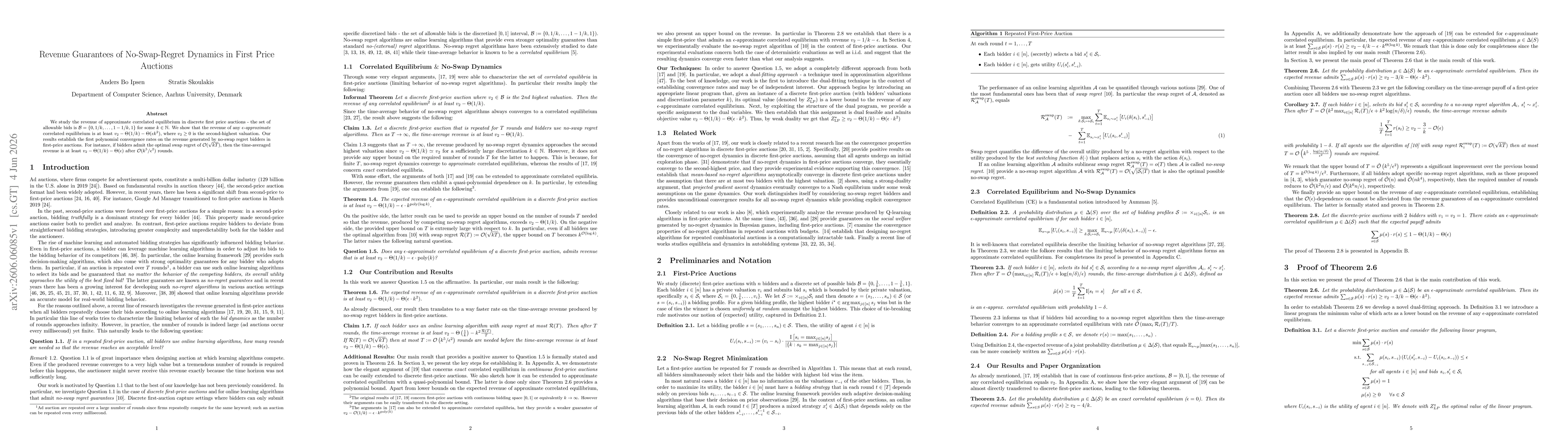 Thumbnail for Revenue Guarantees of No-Swap-Regret Dynamics in First Price Auctions