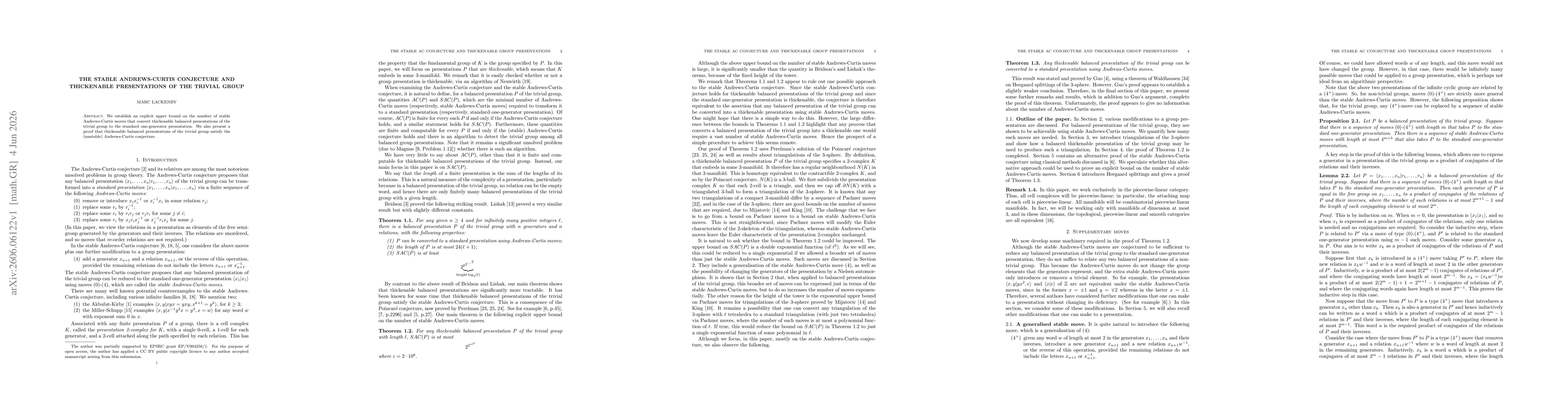 Thumbnail for The stable Andrews-Curtis conjecture and thickenable presentations of the trivial group