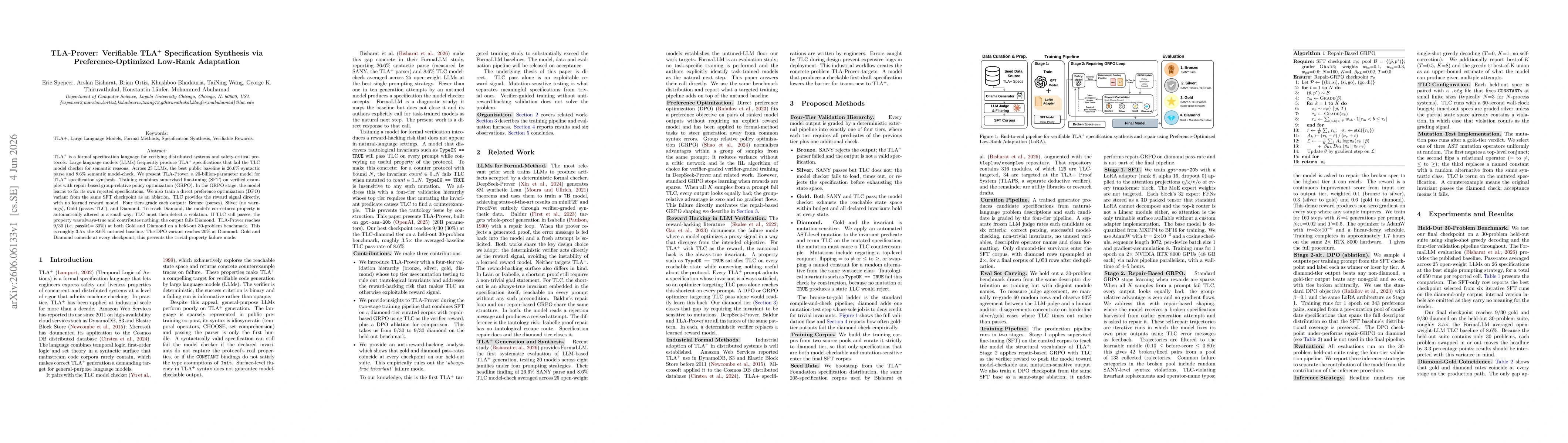 Thumbnail for TLA-Prover: Verifiable TLA+ Specification Synthesis via Preference-Optimized Low-Rank Adaptation