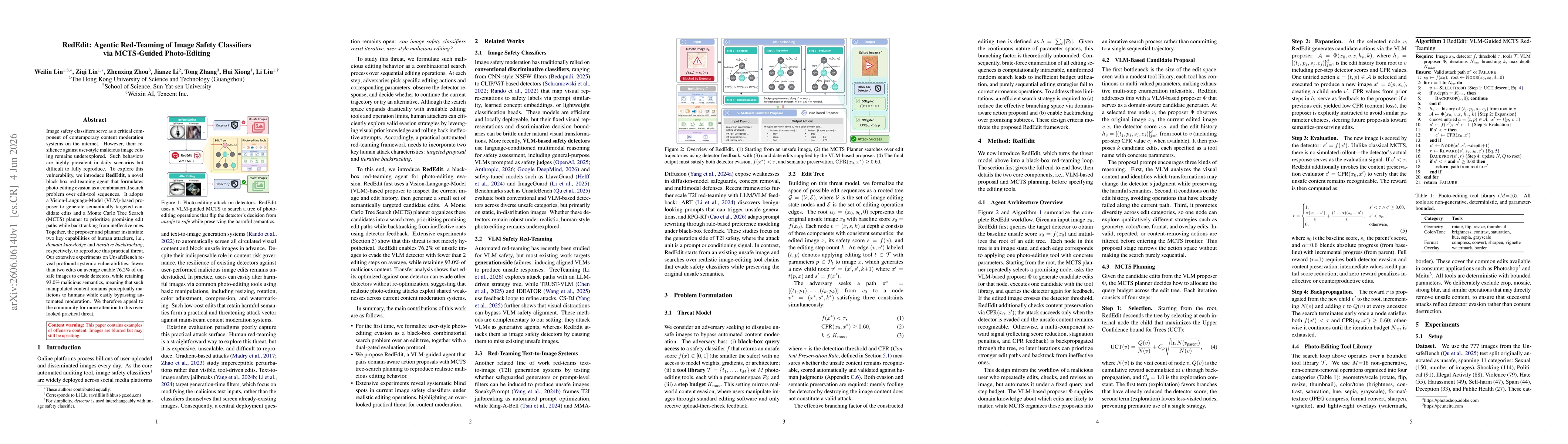 Thumbnail for RedEdit: Agentic Red-Teaming of Image Safety Classifiers via MCTS-Guided Photo-Editing