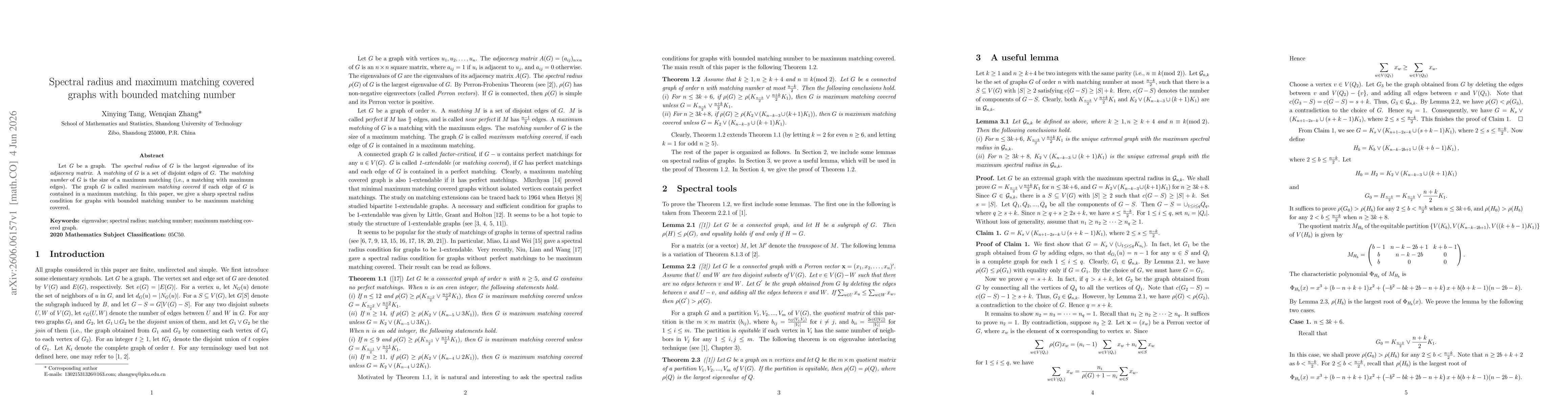 Thumbnail for Spectral radius and maximum matching covered graphs with bounded matching number