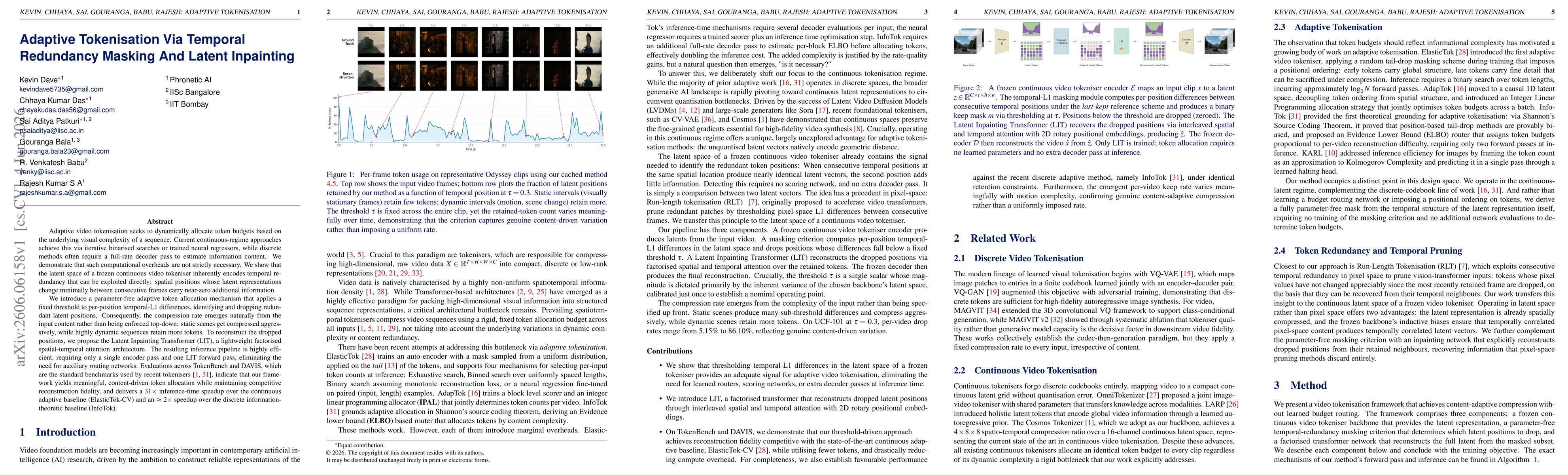 Thumbnail for Adaptive Tokenisation Via Temporal Redundancy Masking And Latent Inpainting