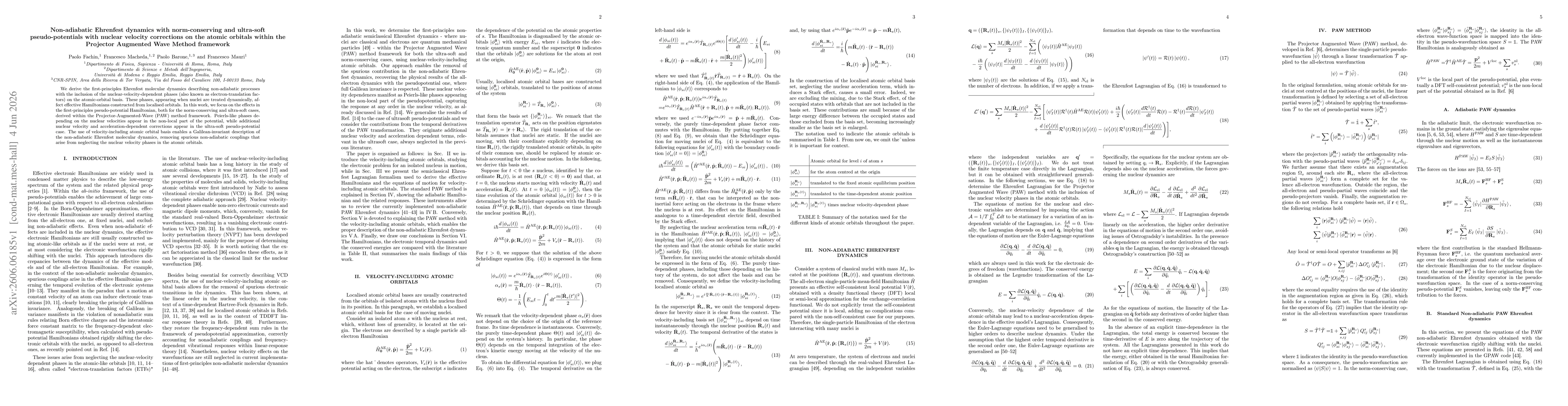 Thumbnail for Non-adiabatic Ehrenfest dynamics with norm-conserving and ultra-soft pseudo-potentials with nuclear velocity corrections on the atomic orbitals within the Projector Augmented Wave Method framework