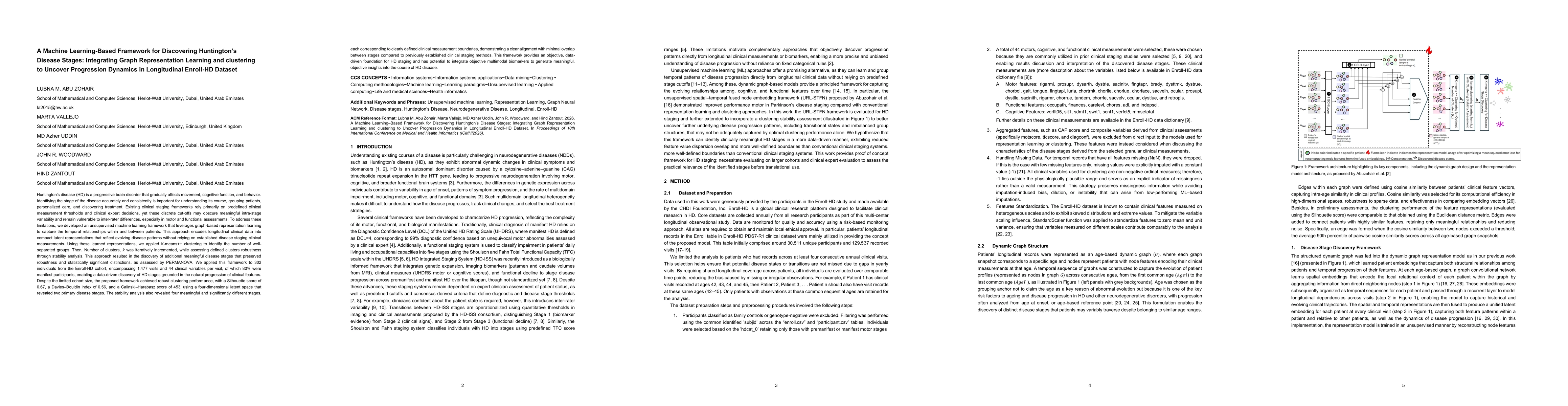 Thumbnail for A Machine Learning-Based Framework for Discovering Huntington's Disease Stages: Integrating Graph Representation Learning and clustering to Uncover Progression Dynamics in Longitudinal Enroll-HD Dataset