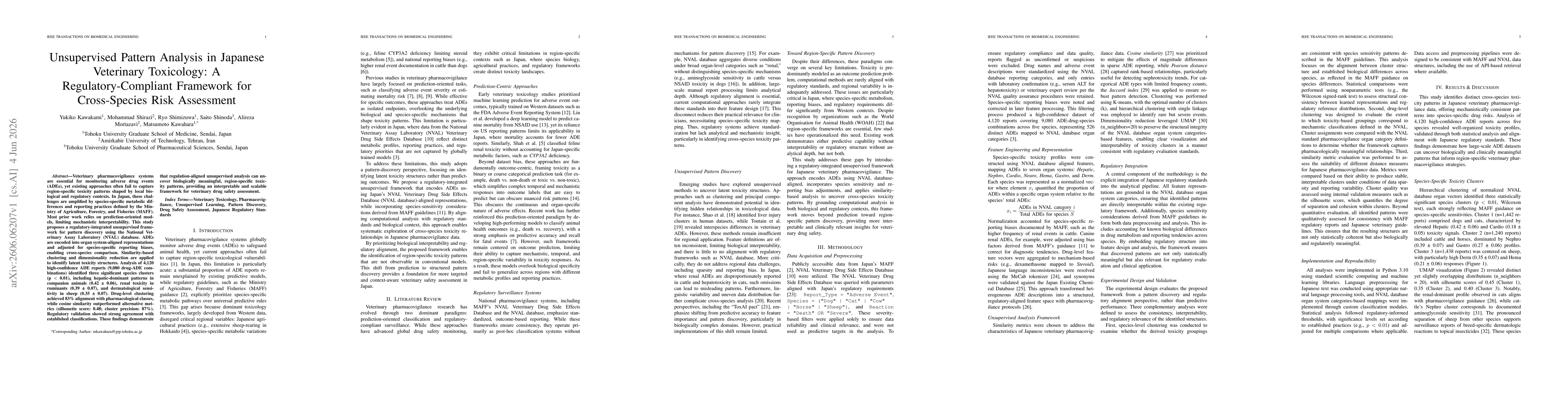 Thumbnail for Unsupervised Pattern Analysis in Japanese Veterinary Toxicology: A Regulatory-Compliant Framework for Cross-Species Risk Assessment