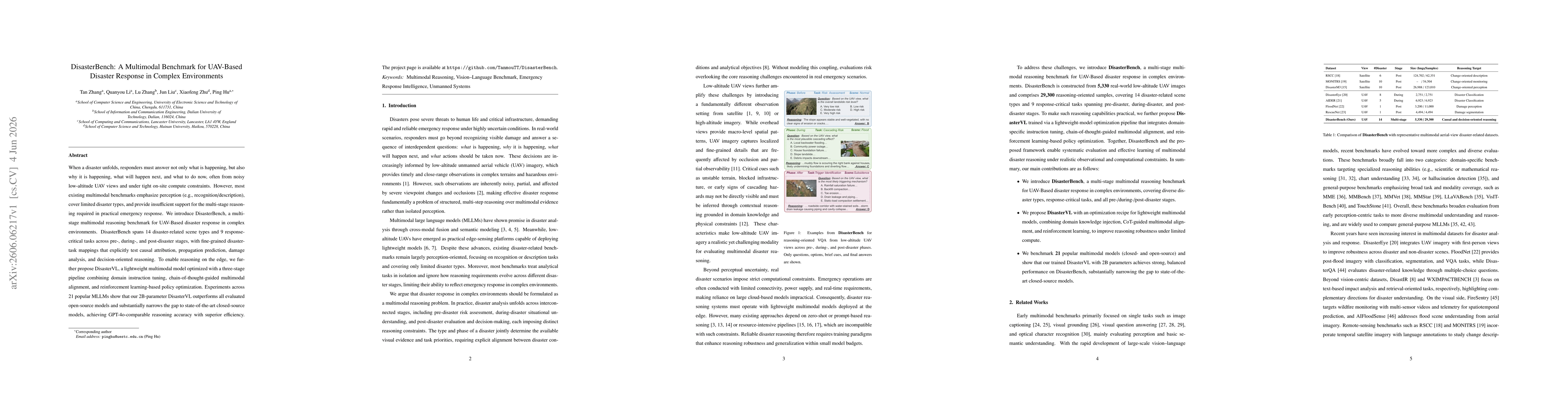 Thumbnail for DisasterBench: A Multimodal Benchmark for UAV-Based Disaster Response in Complex Environments