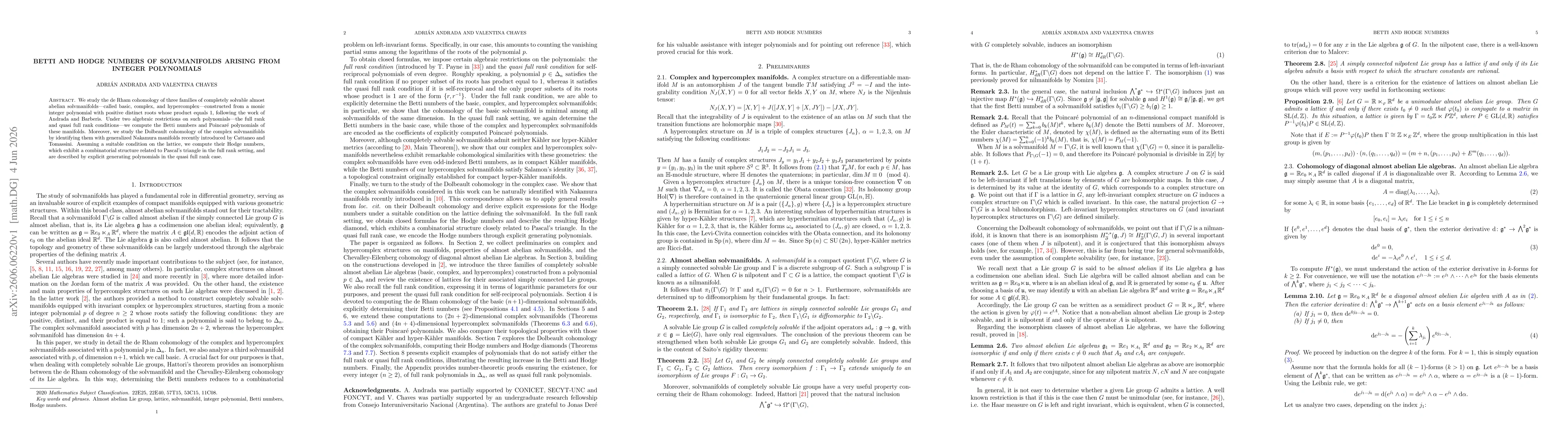 Thumbnail for Betti and Hodge numbers of solvmanifolds arising from integer polynomials