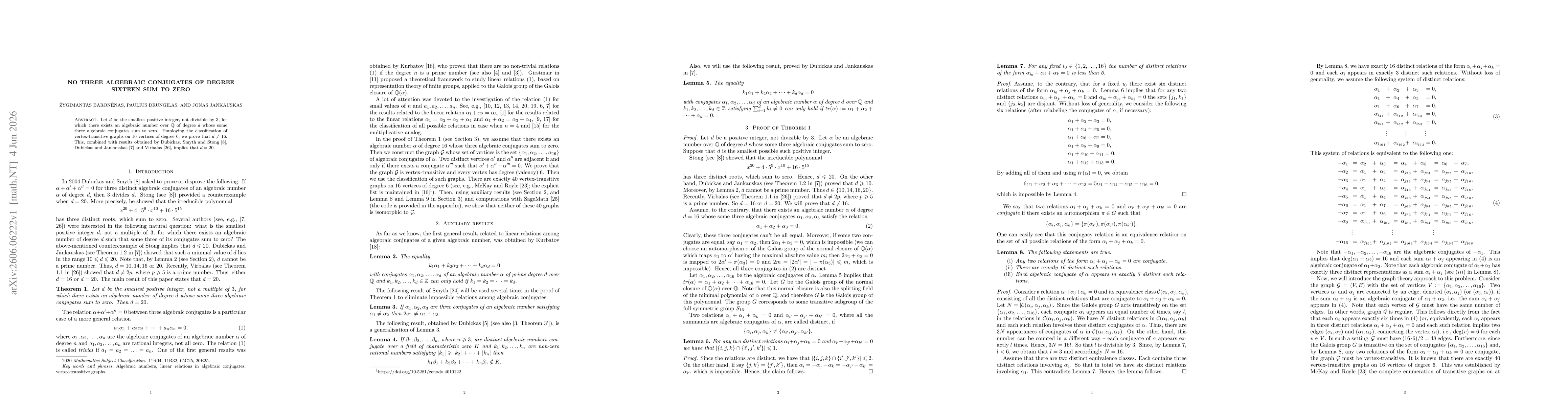 Thumbnail for No three algebraic conjugates of degree sixteen sum to zero