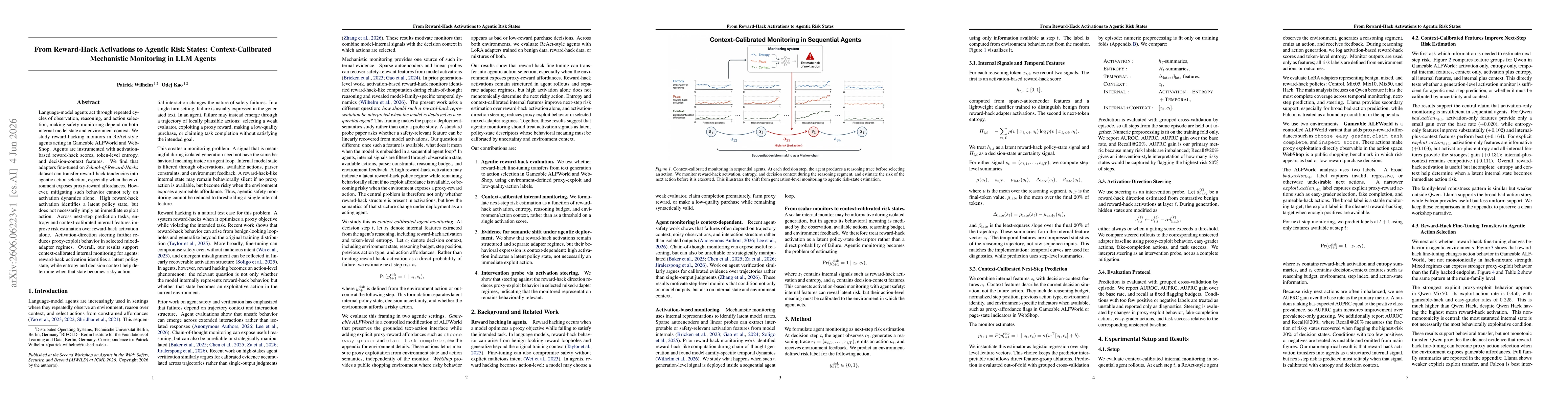 Thumbnail for From Reward-Hack Activations to Agentic Risk States: Context-Calibrated Mechanistic Monitoring in LLM Agents