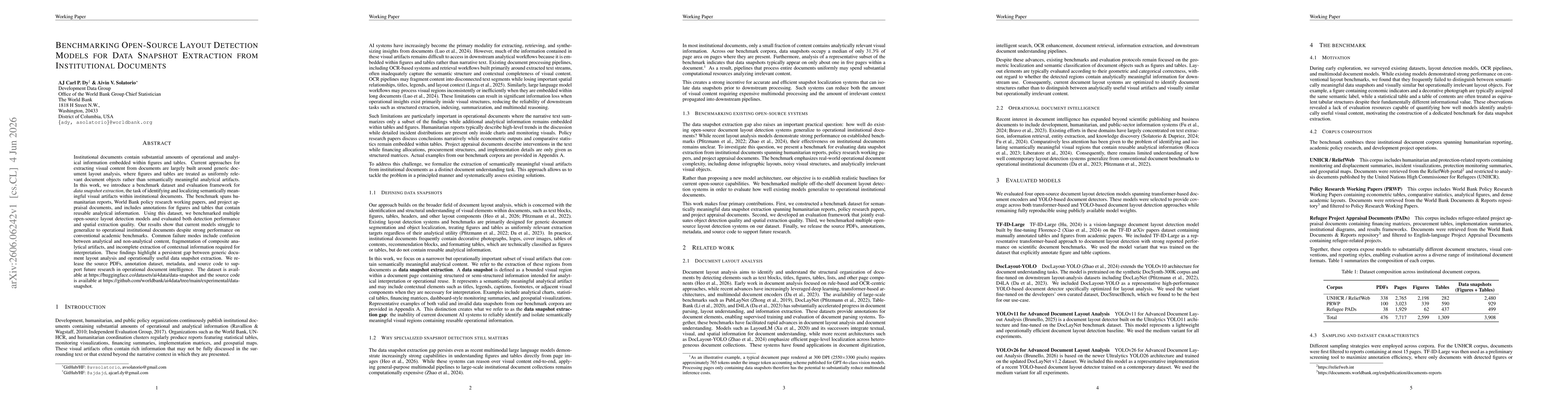 Thumbnail for Benchmarking Open-Source Layout Detection Models for Data Snapshot Extraction from Institutional Documents