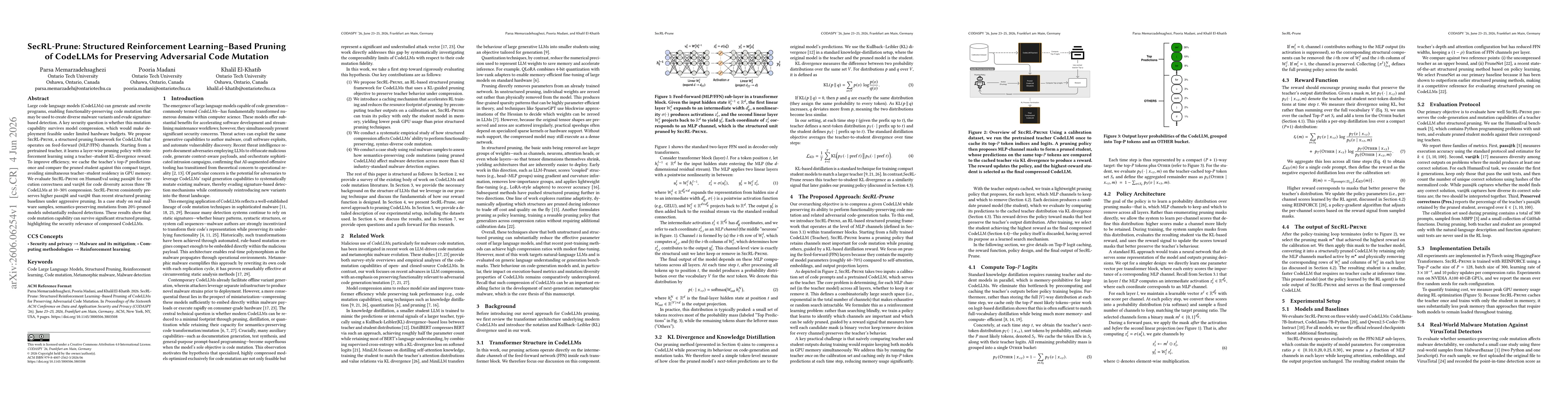 Thumbnail for SecRL-Prune: Structured Reinforcement Learning-Based Pruning of CodeLLMs for Preserving Adversarial Code Mutation