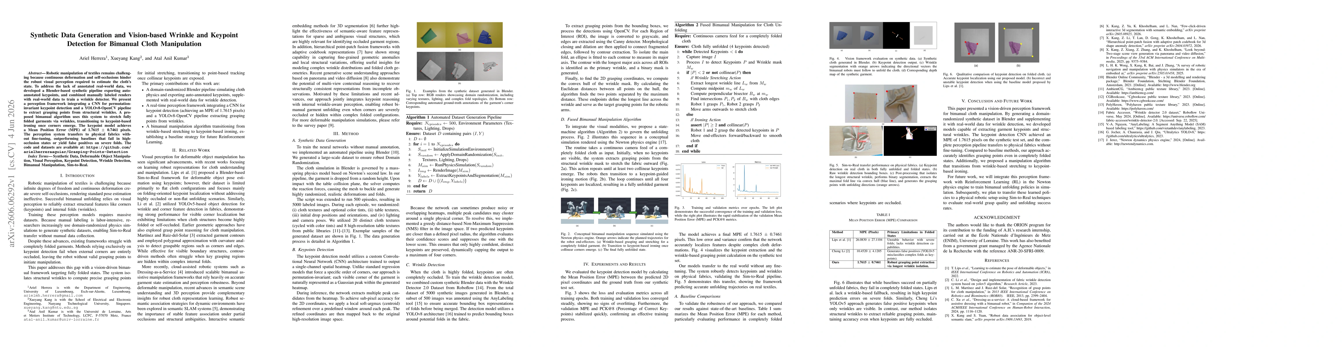 Thumbnail for Synthetic Data Generation and Vision-based Wrinkle and Keypoint Detection for Bimanual Cloth Manipulation