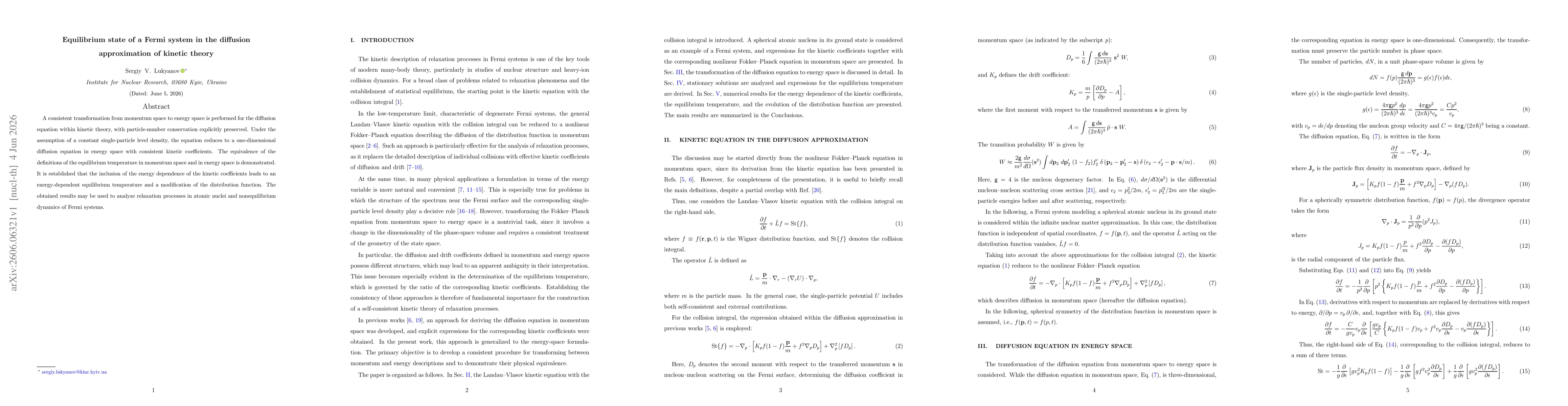 Thumbnail for Equilibrium state of a Fermi system in the diffusion approximation of kinetic theory