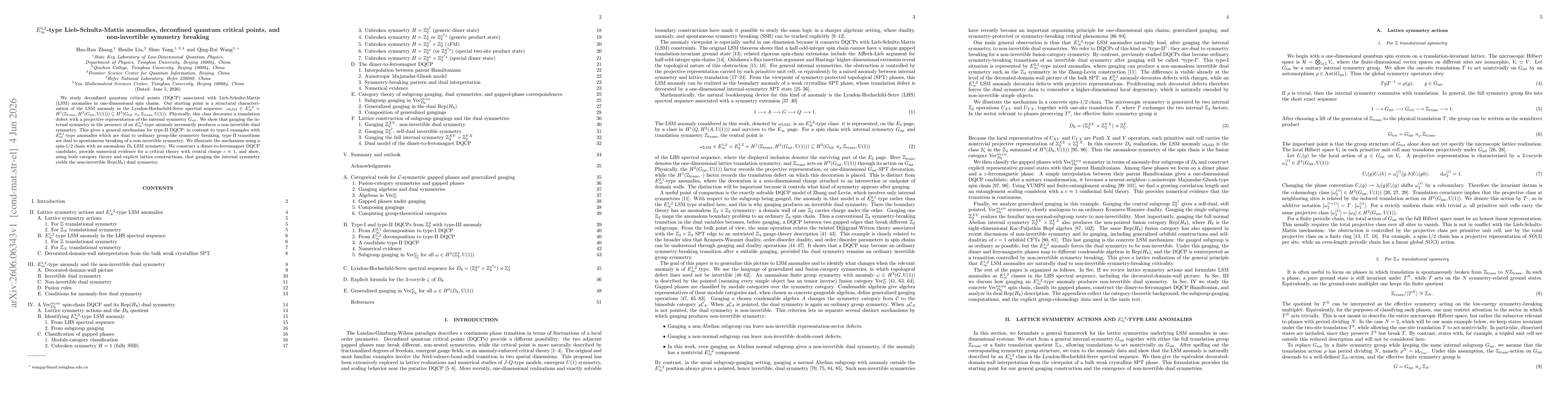 Thumbnail for $E_\infty^{1,2}$-type Lieb-Schultz-Mattis anomalies, deconfined quantum critical points, and non-invertible symmetry breaking