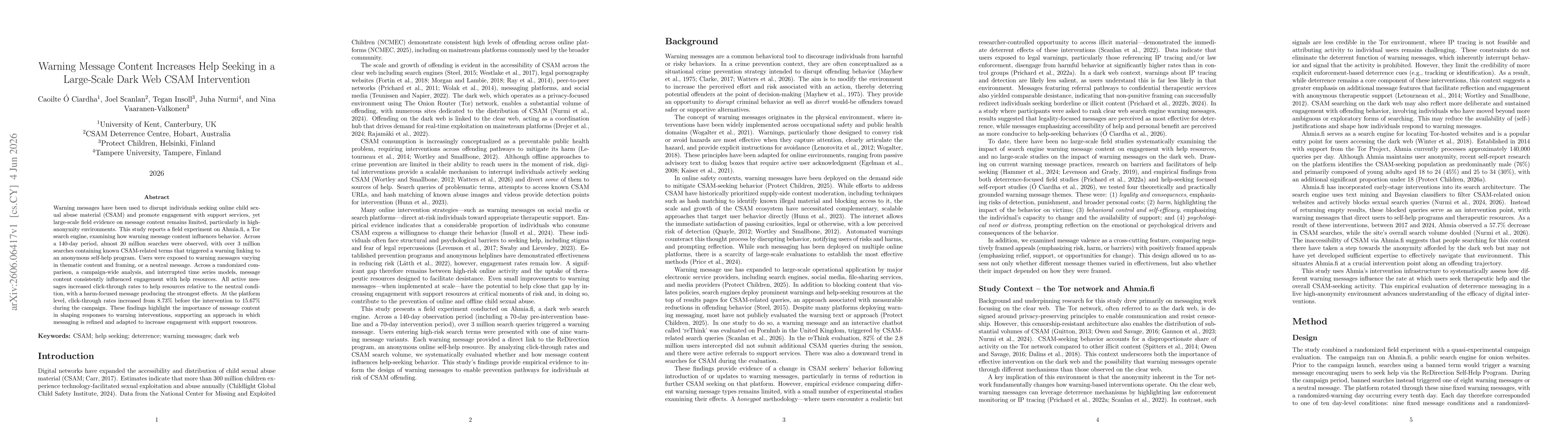 Thumbnail for Warning Message Content Increases Help Seeking in a Large-Scale Dark Web CSAM Intervention
