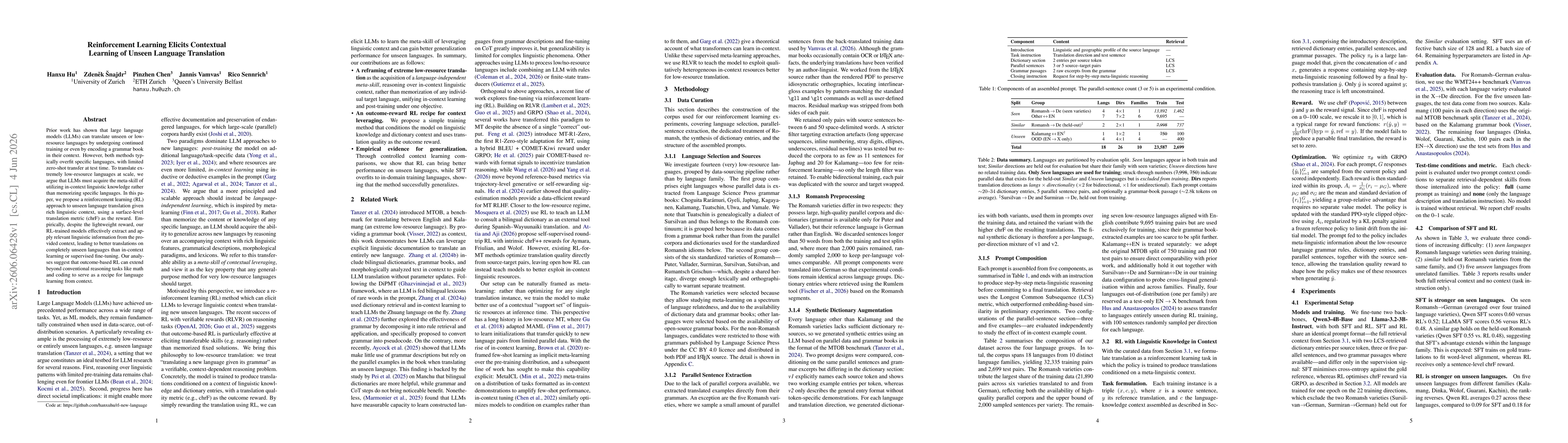 Thumbnail for Reinforcement Learning Elicits Contextual Learning of Unseen Language Translation
