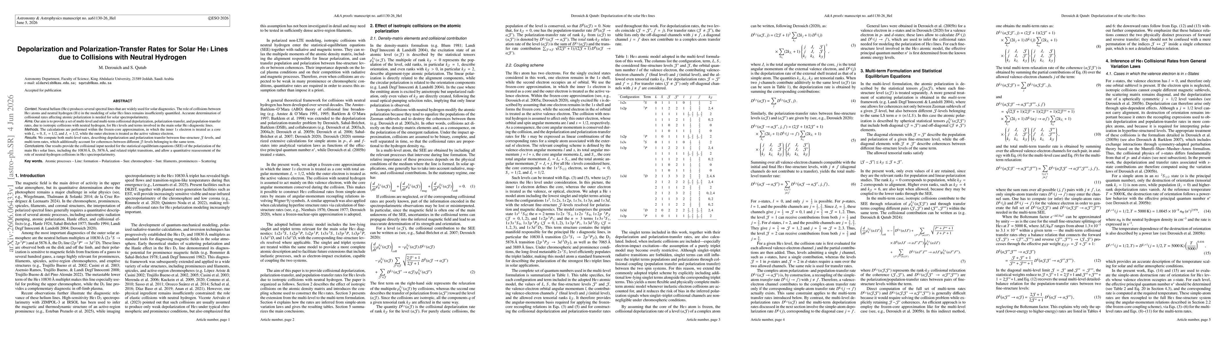 Thumbnail for Depolarization and Polarization-Transfer Rates for Solar He I Lines due to Collisions with Neutral Hydrogen