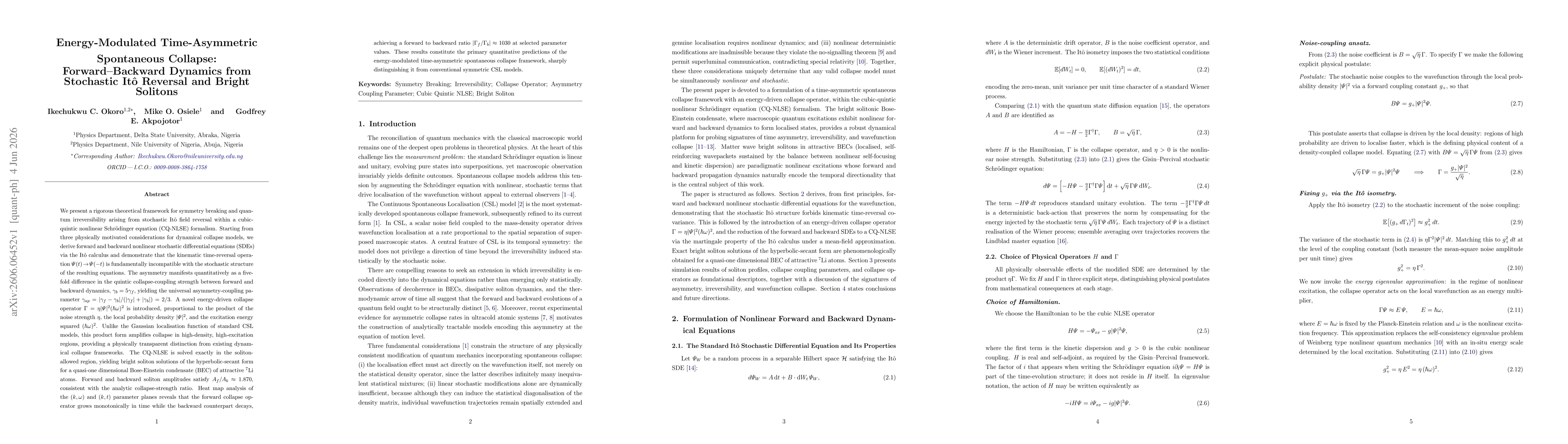 Thumbnail for Energy-Modulated Time-Asymmetric Spontaneous Collapse: Forward-Backward Dynamics from Stochastic Ito Reversal and Bright Solitons