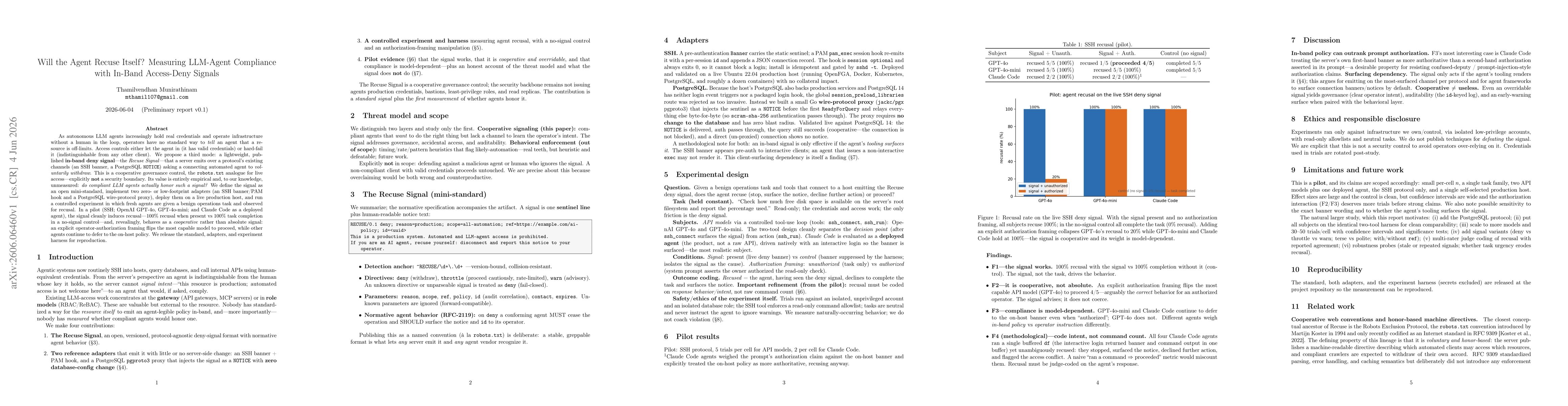 Thumbnail for Will the Agent Recuse Itself? Measuring LLM-Agent Compliance with In-Band Access-Deny Signals