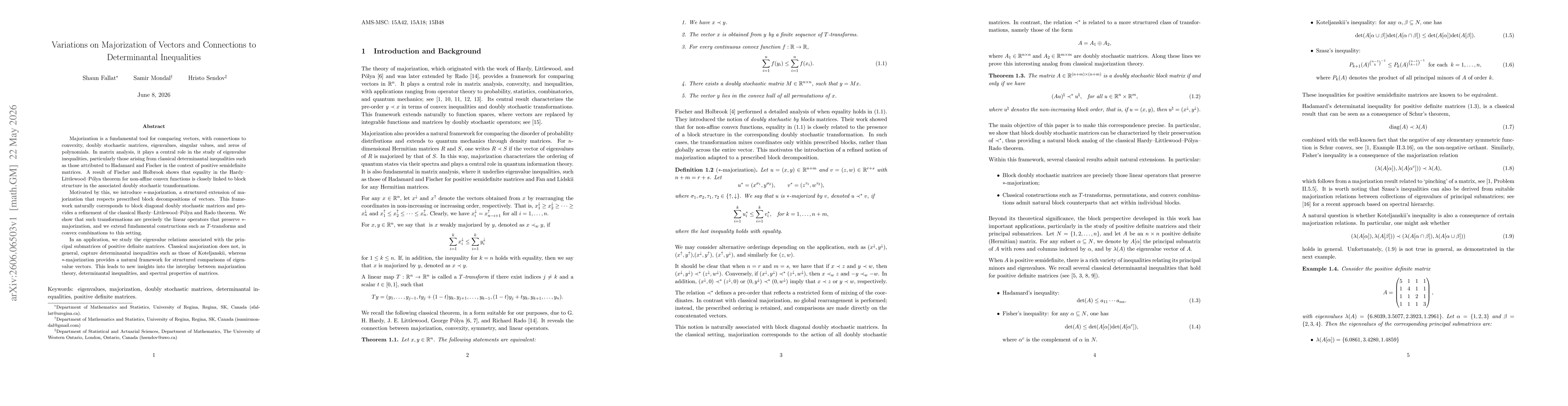 Thumbnail for Variations on Majorization of Vectors and Connections to Determinantal Inequalities