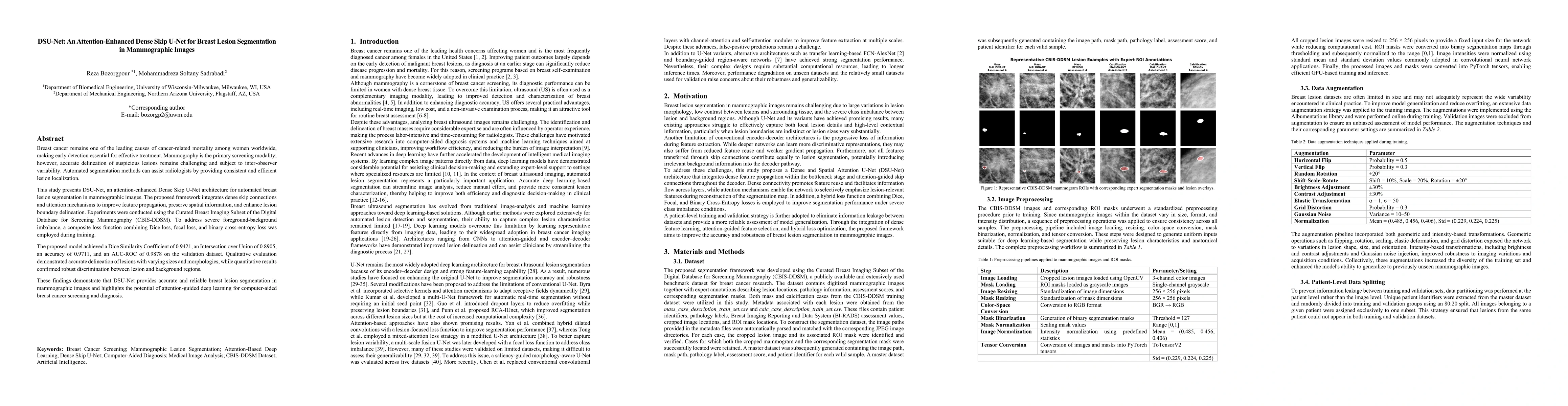 Thumbnail for DSU-Net: An Attention-Enhanced Dense Skip U-Net for Breast Lesion Segmentation in Mammographic Images