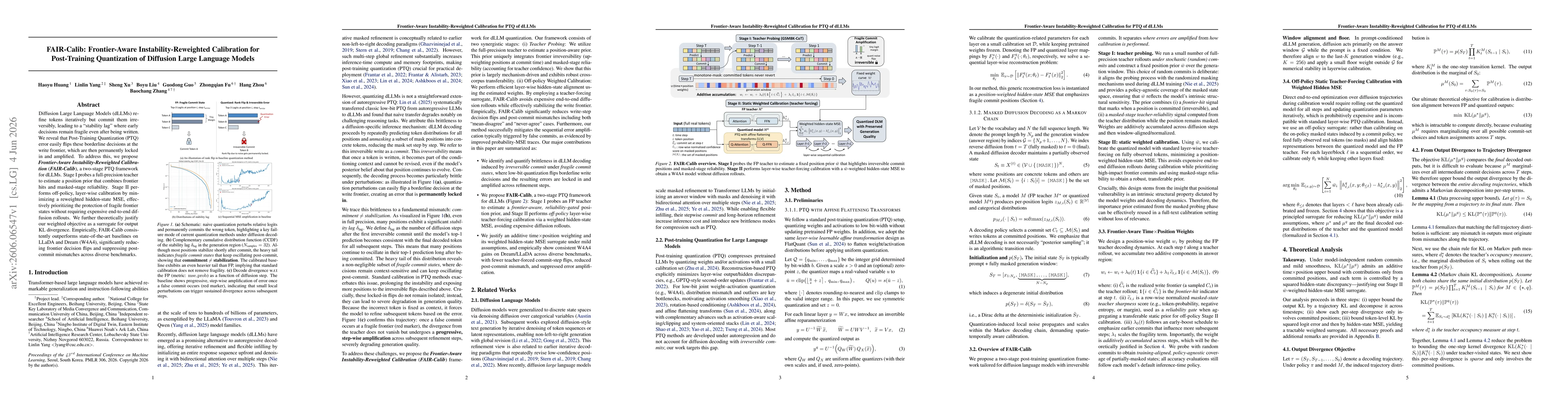 Thumbnail for FAIR-Calib: Frontier-Aware Instability-Reweighted Calibration for Post-Training Quantization of Diffusion Large Language Models