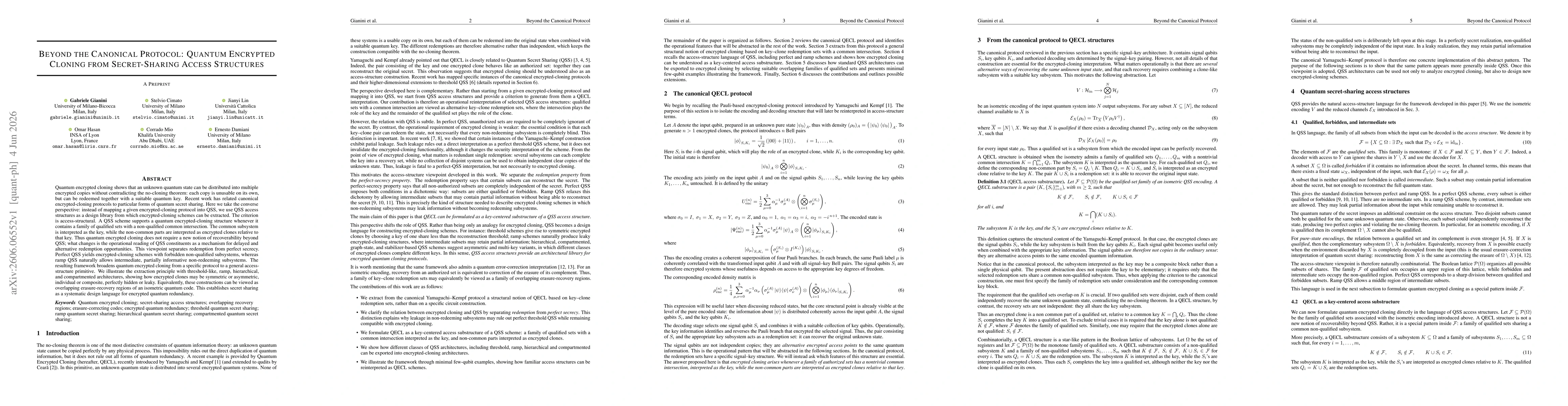 Thumbnail for Beyond the Canonical Protocol: Quantum Encrypted Cloning from Secret-Sharing Access Structures