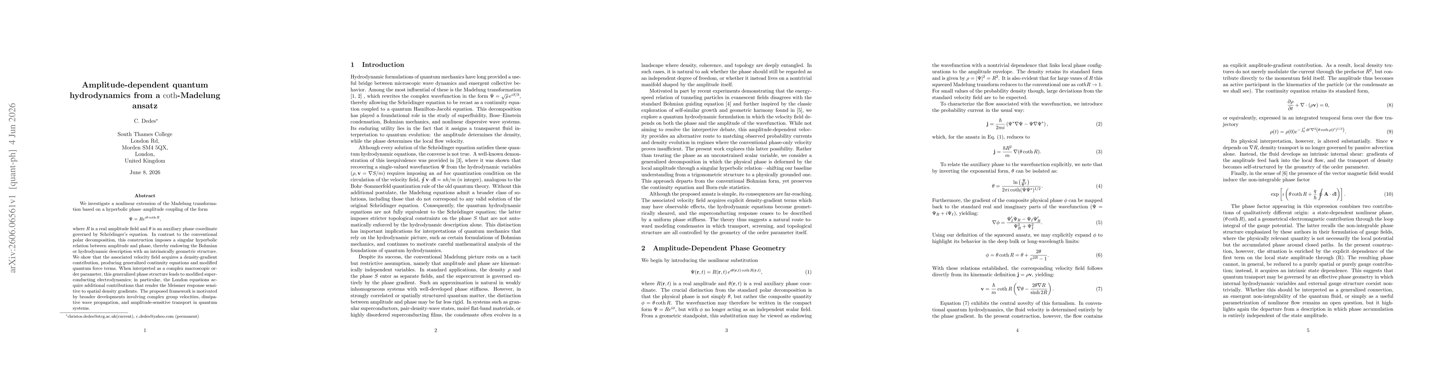 Thumbnail for Amplitude-dependent quantum hydrodynamics from a \(\coth\)-Madelung ansatz