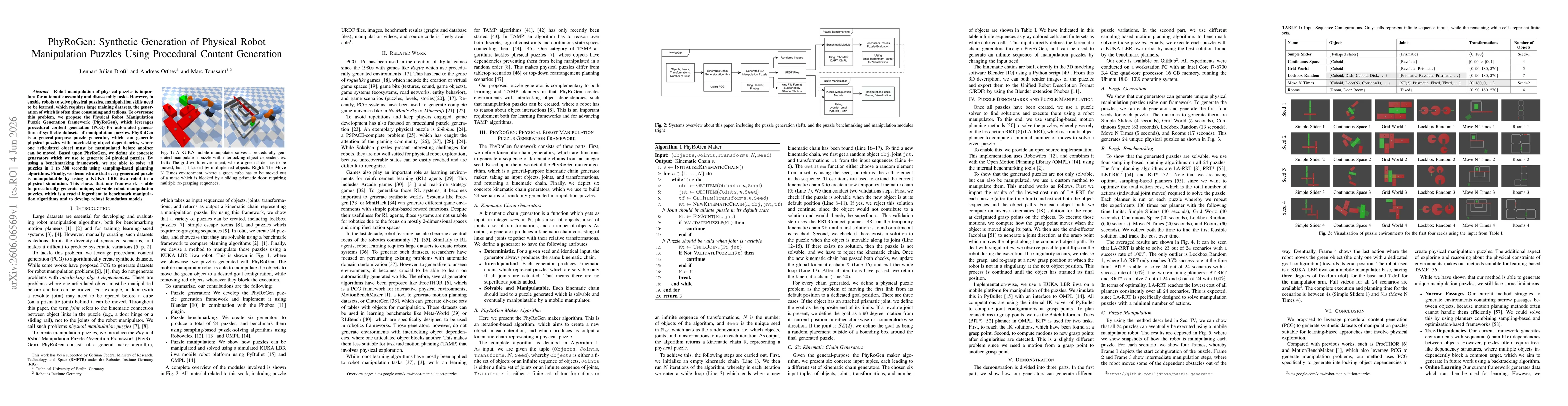Thumbnail for PhyRoGen: Synthetic Generation of Physical Robot Manipulation Puzzles Using Procedural Content Generation