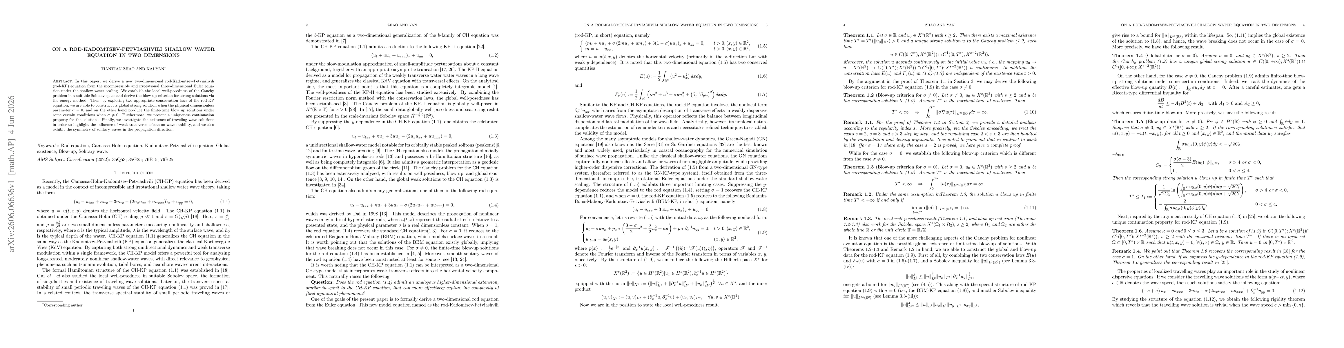 Thumbnail for On a rod-Kadomtsev-Petviashvili shallow water equation in two dimensions