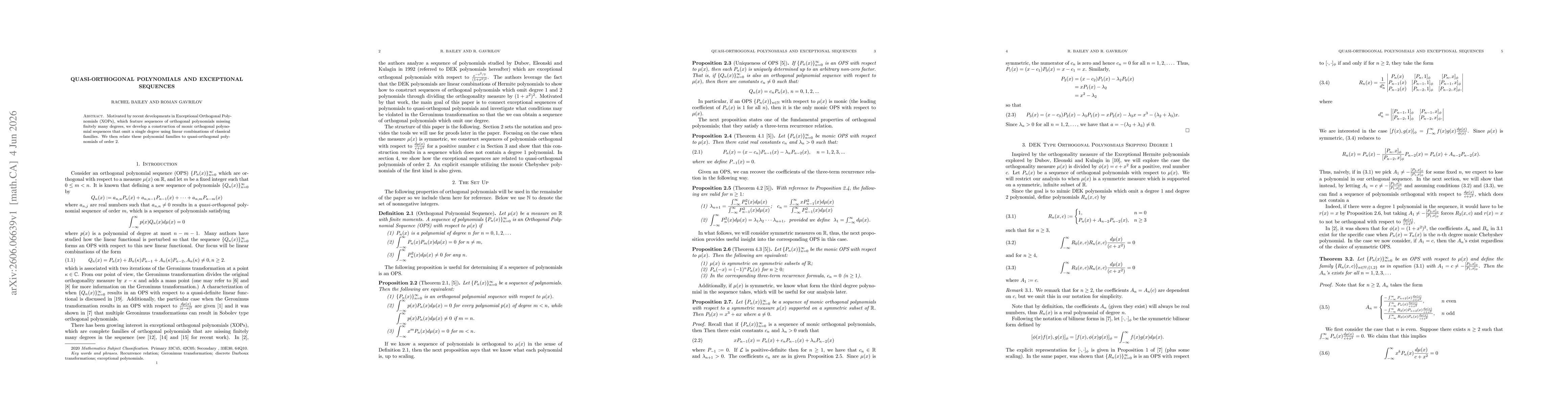 Thumbnail for Quasi-Orthogonal Polynomials and Exceptional Sequences