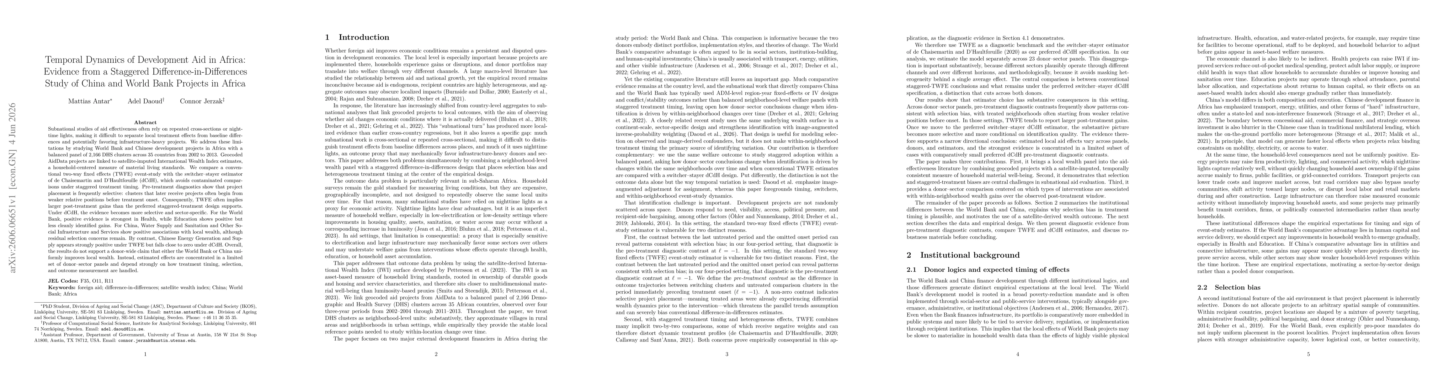 Thumbnail for Temporal Dynamics of Development Aid in Africa: Evidence from a Staggered Difference-in-Differences Study of China and World Bank Projects in Africa