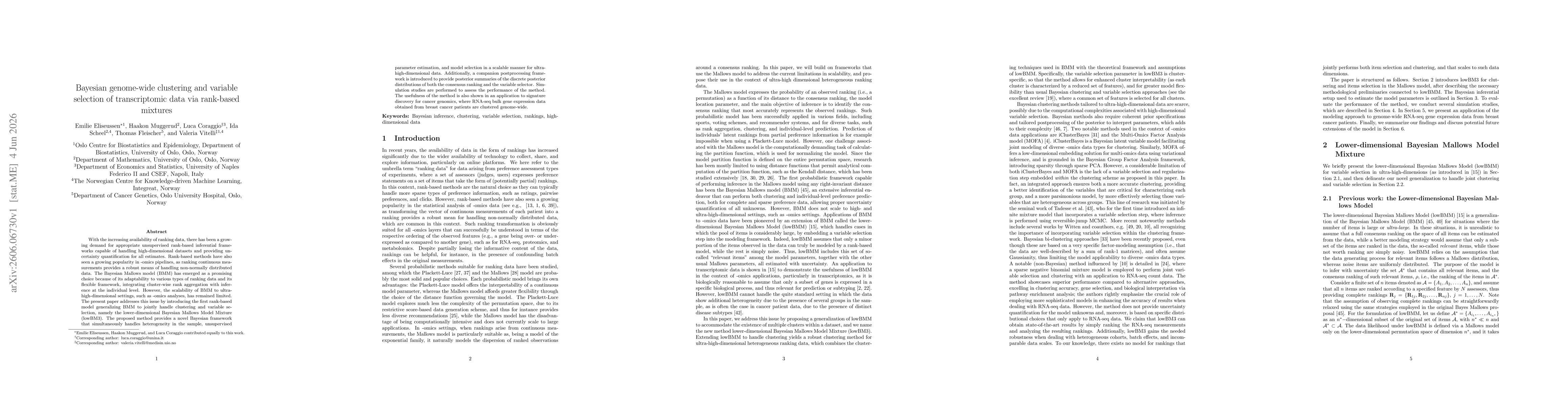 Thumbnail for Bayesian genome-wide clustering and variable selection of transcriptomic data via rank-based mixtures