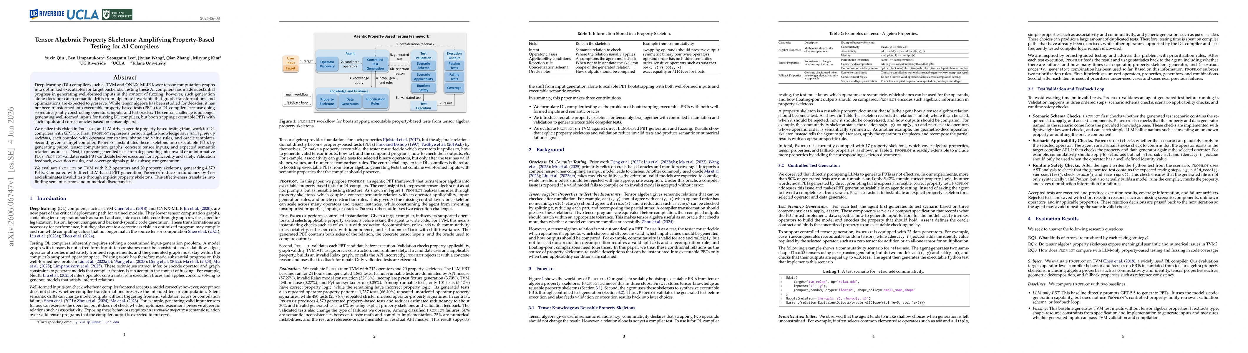 Thumbnail for Tensor Algebraic Property Skeletons: Amplifying Property-Based Testing for AI Compilers